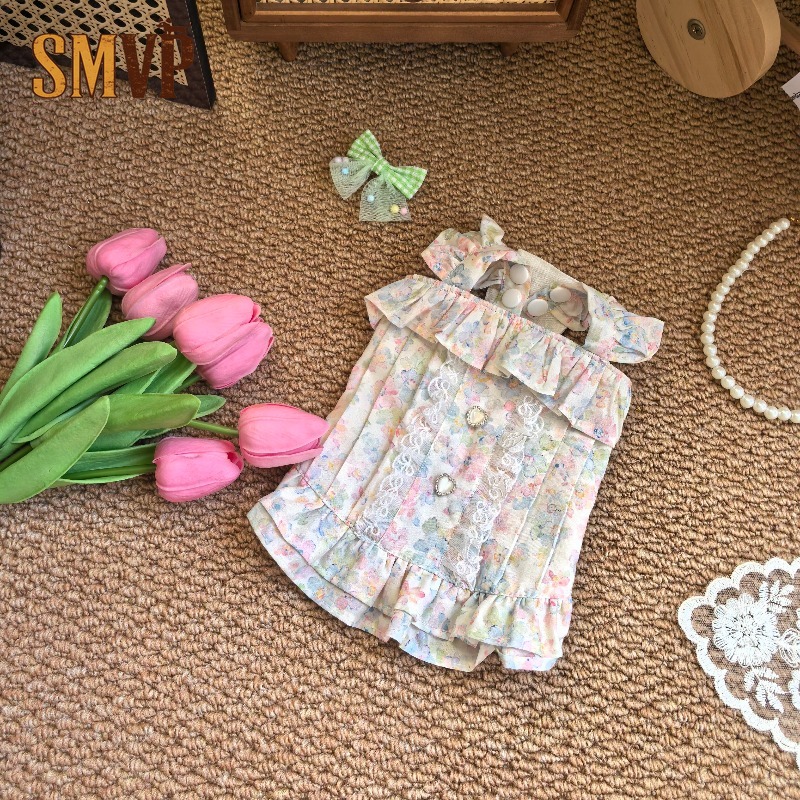 Lace Trim Cami - فستان بستيل زهري للحيوانات الأليفة بحمالات